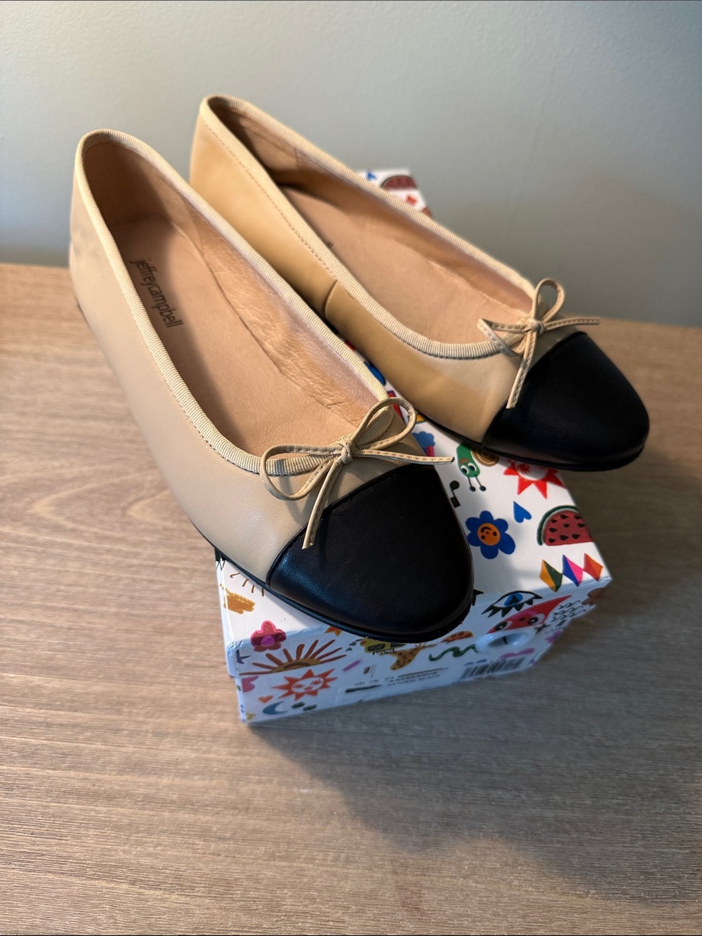 Jeffrey Campbell Arabesque Beige and Black Cap-Toe Bow Ballet Flats